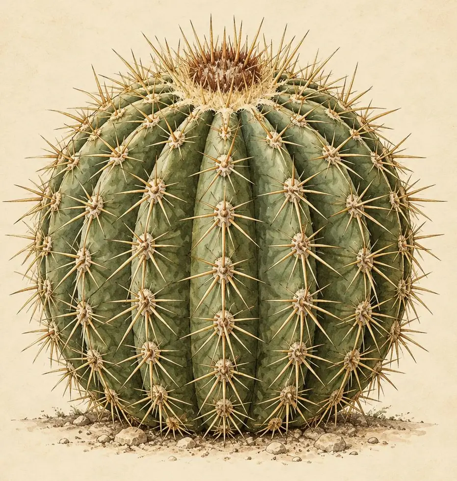 Decorative illustration of a cactus with a globose stem