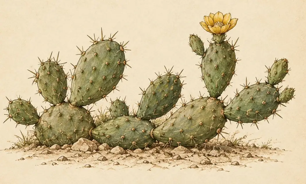 Decorative illustration of a flowering Opuntia
