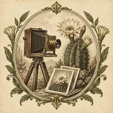 A camera on a tripod and photographs of cacti