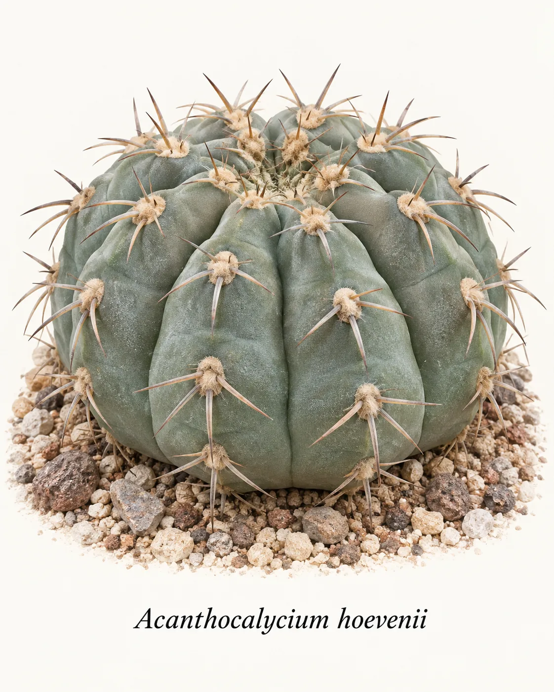Illustrative depiction of Acanthocalycium hoevenii supplied with a species label. Globular stem and spines.