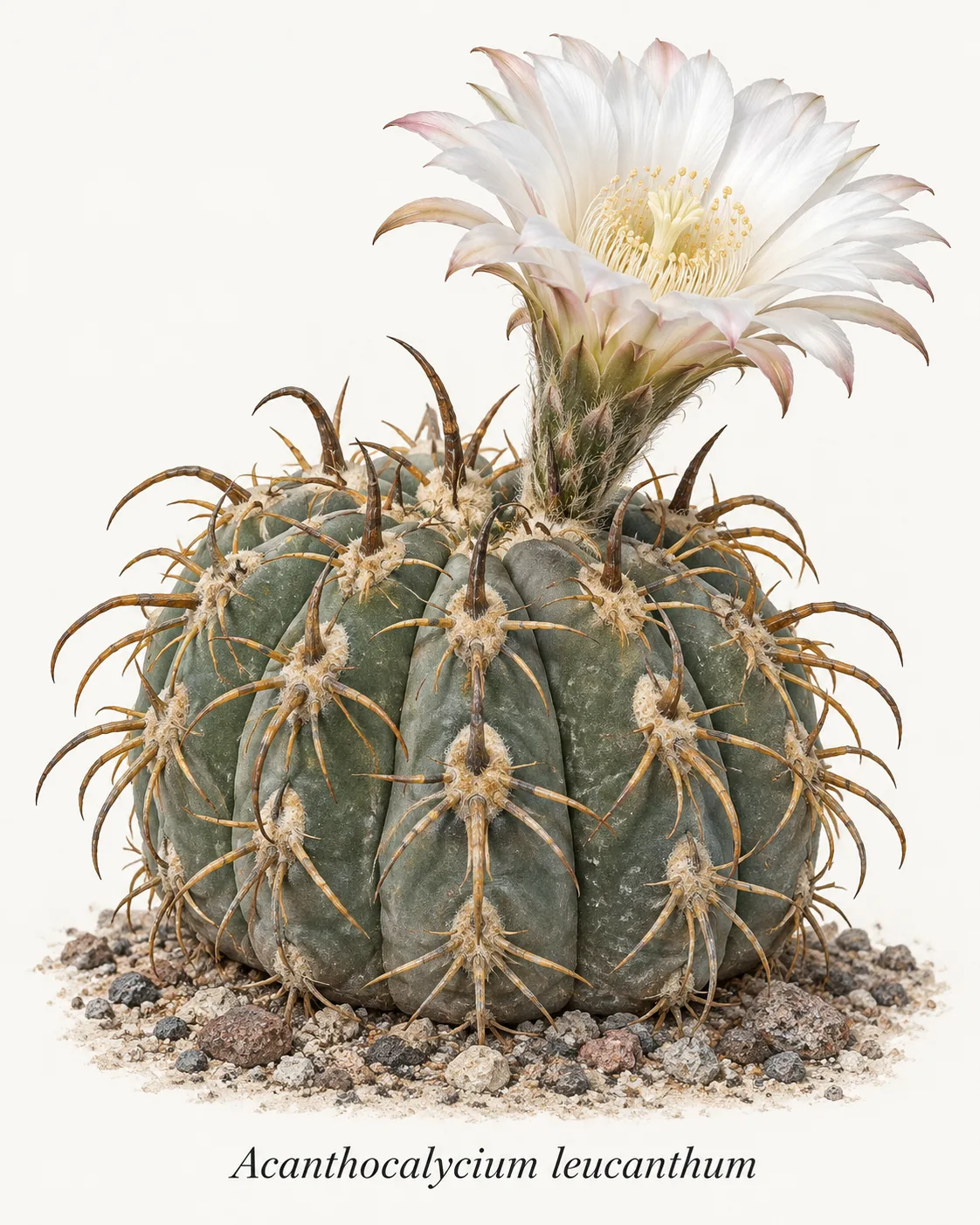 Illustrative depiction of Acanthocalycium leucanthum supplied with a species label. Stem with a white flower.