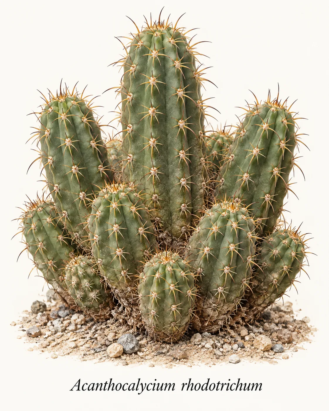 Illustrative depiction of Acanthocalycium rhodotrichum supplied with a species label. A group of elongated stems.