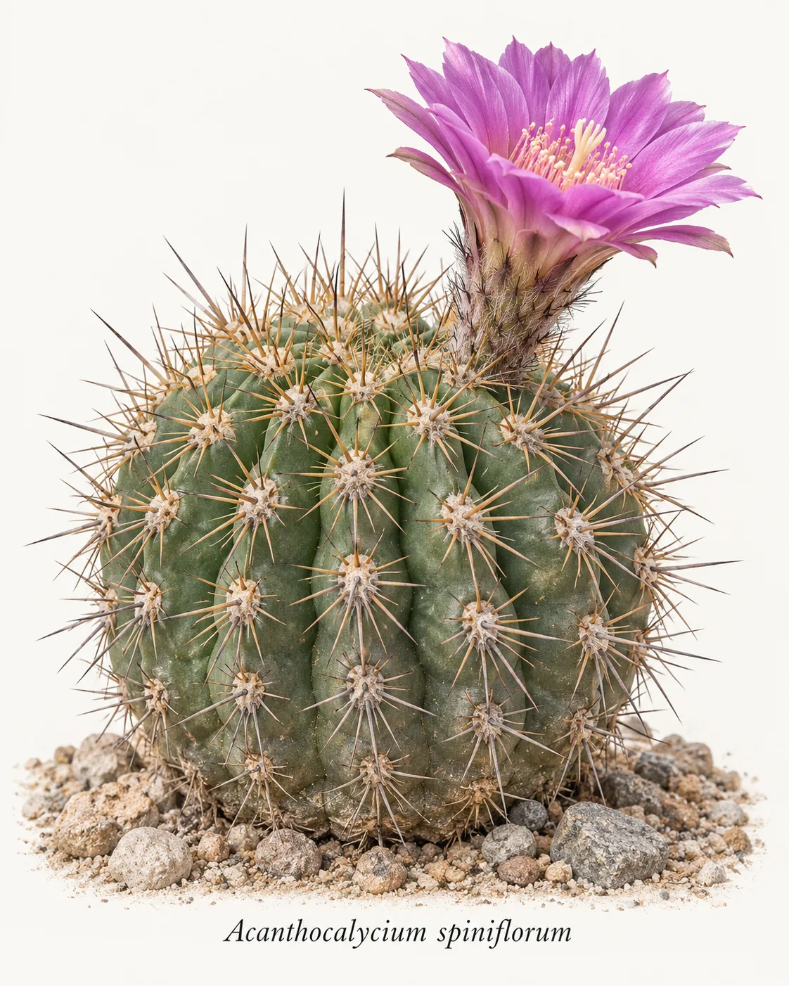 Illustrative depiction of Acanthocalycium spiniflorum supplied with a species label. Stem with a pink flower.