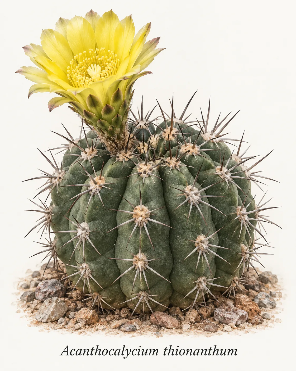 Illustrative depiction of Acanthocalycium thionanthum supplied with a species label. Stem with a yellow flower.