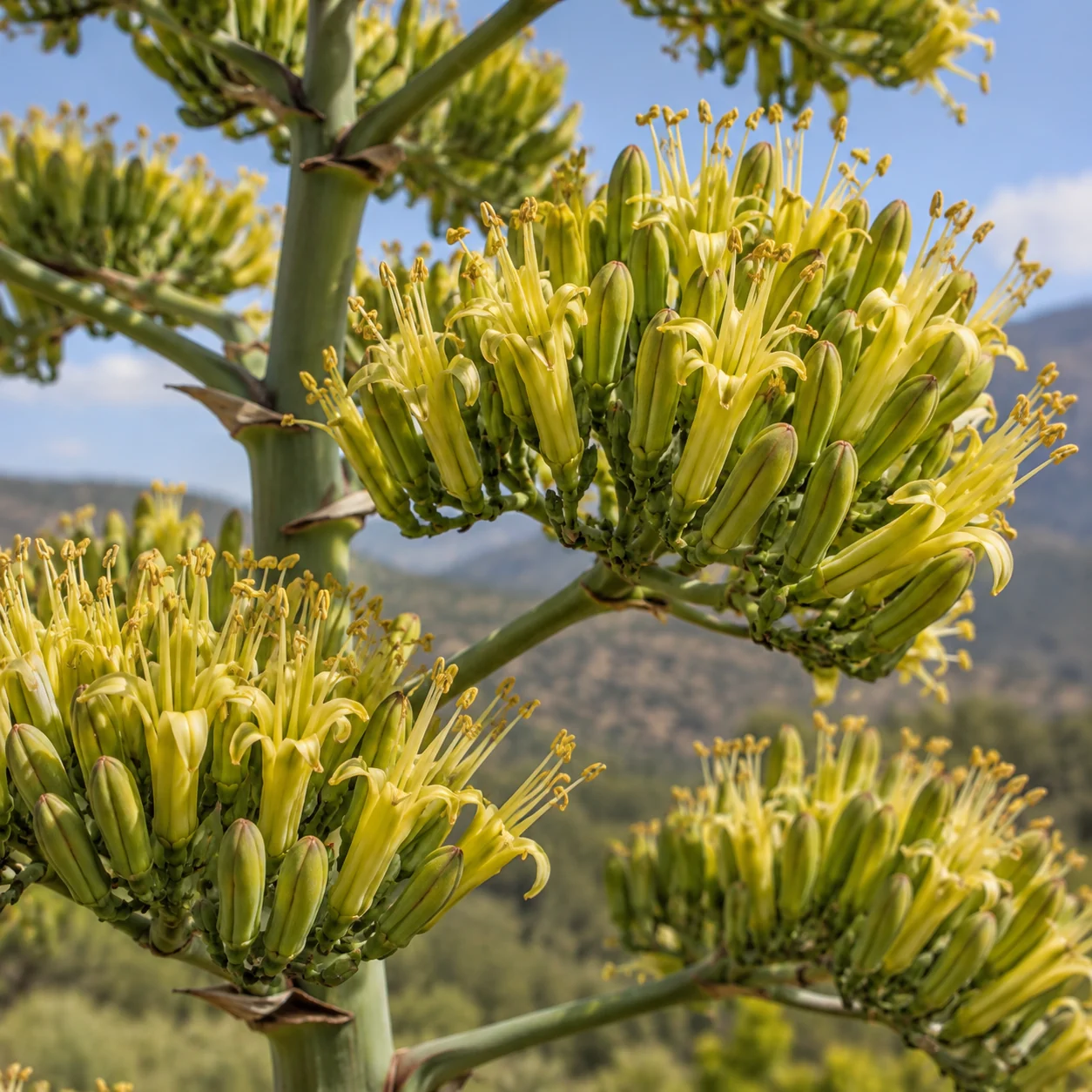 Illustration of an agave inflorescence branch with yellowish flowers, projecting stamens and closed buds.