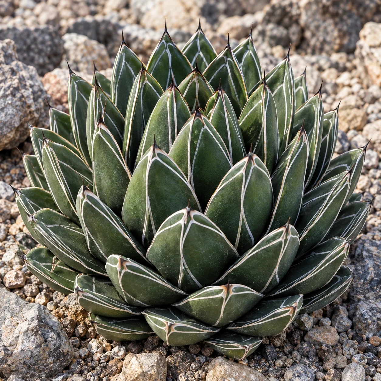 Illustration of a compact Agave victoriae-reginae rosette with dark green leaves and white lines.