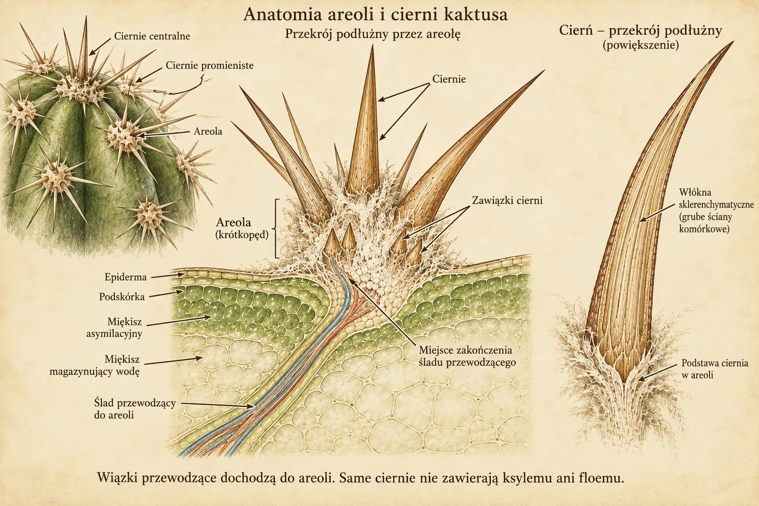 Areoles on the stem surface at left, a section through an areole with spine primordia in the centre, and an enlarged spine at right.