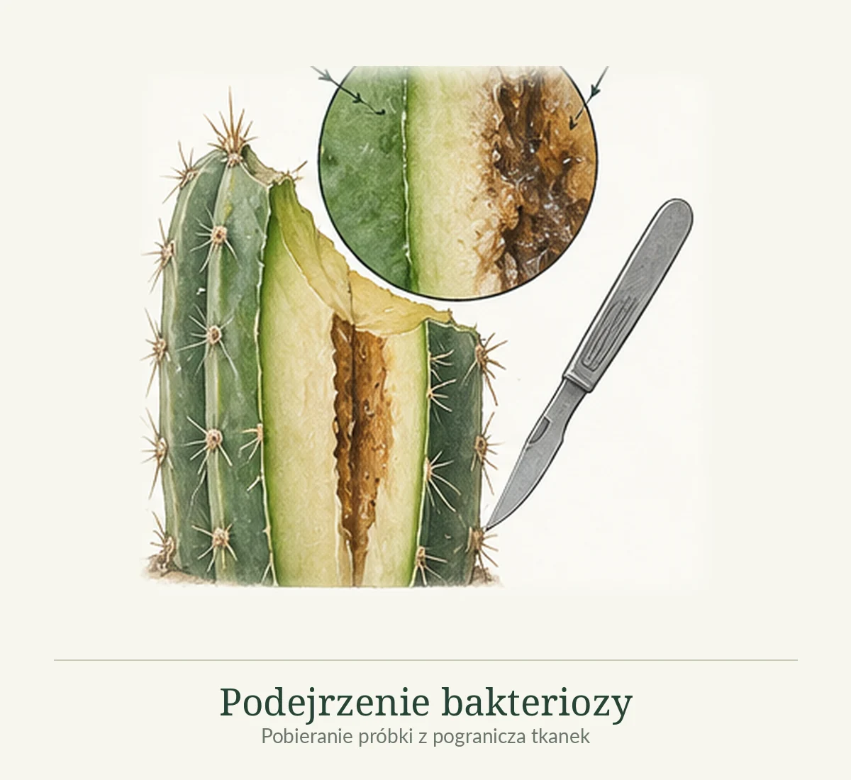 Ilustracja przekroju zmienionego chorobowo pędu, skalpela i powiększenia granicy między zieloną a rozpadającą się tkanką.