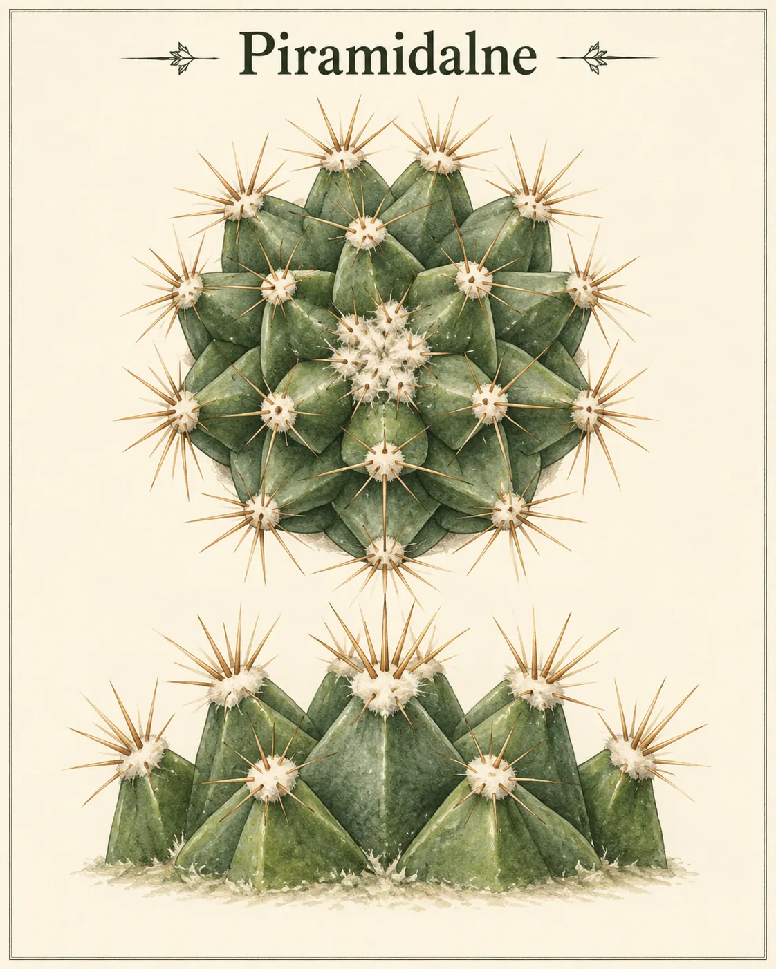 Schematic trait. Angular, approaching pyramidal. Example and scope of comparison. Mammillaria polyedra.