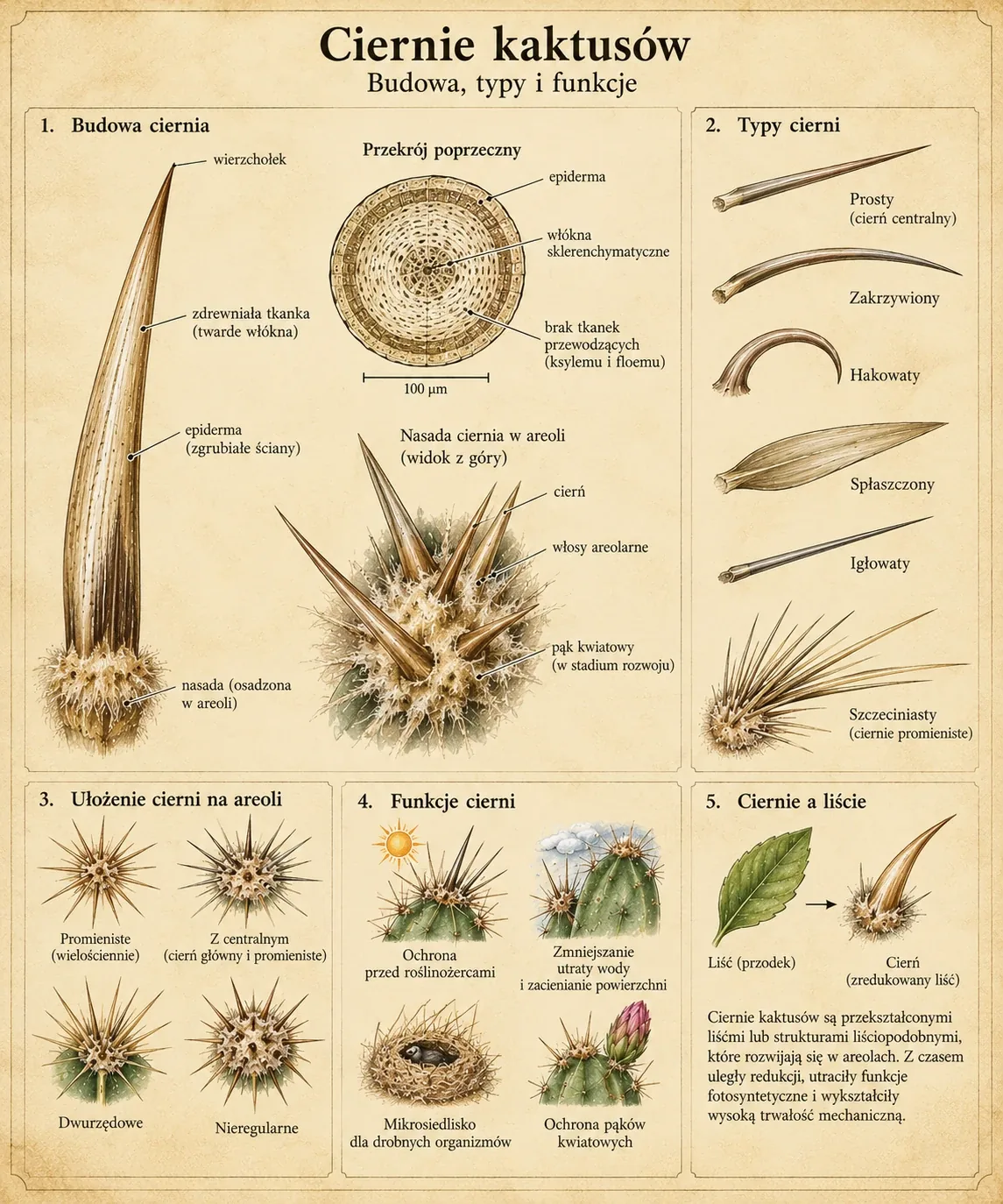 Five panels showing spine structure, shape types, arrangements on an areole, stem protection and the relationship between a spine and a leaf.