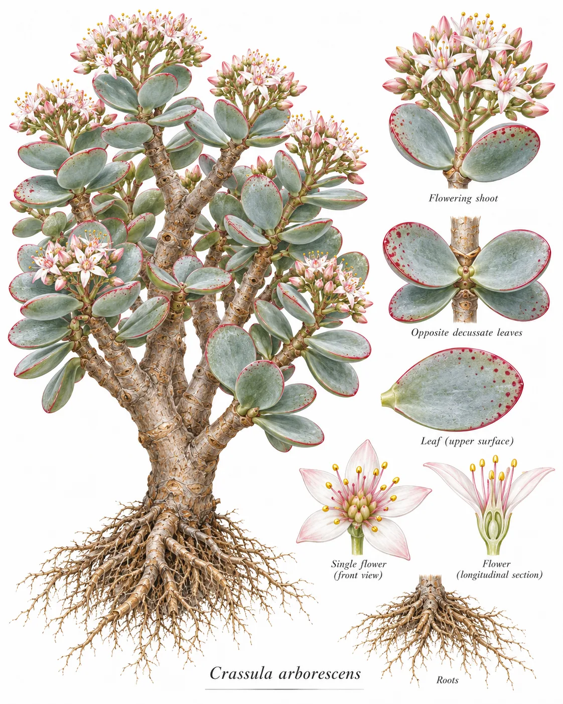 AI-generated illustrative depiction labelled Crassula arborescens.