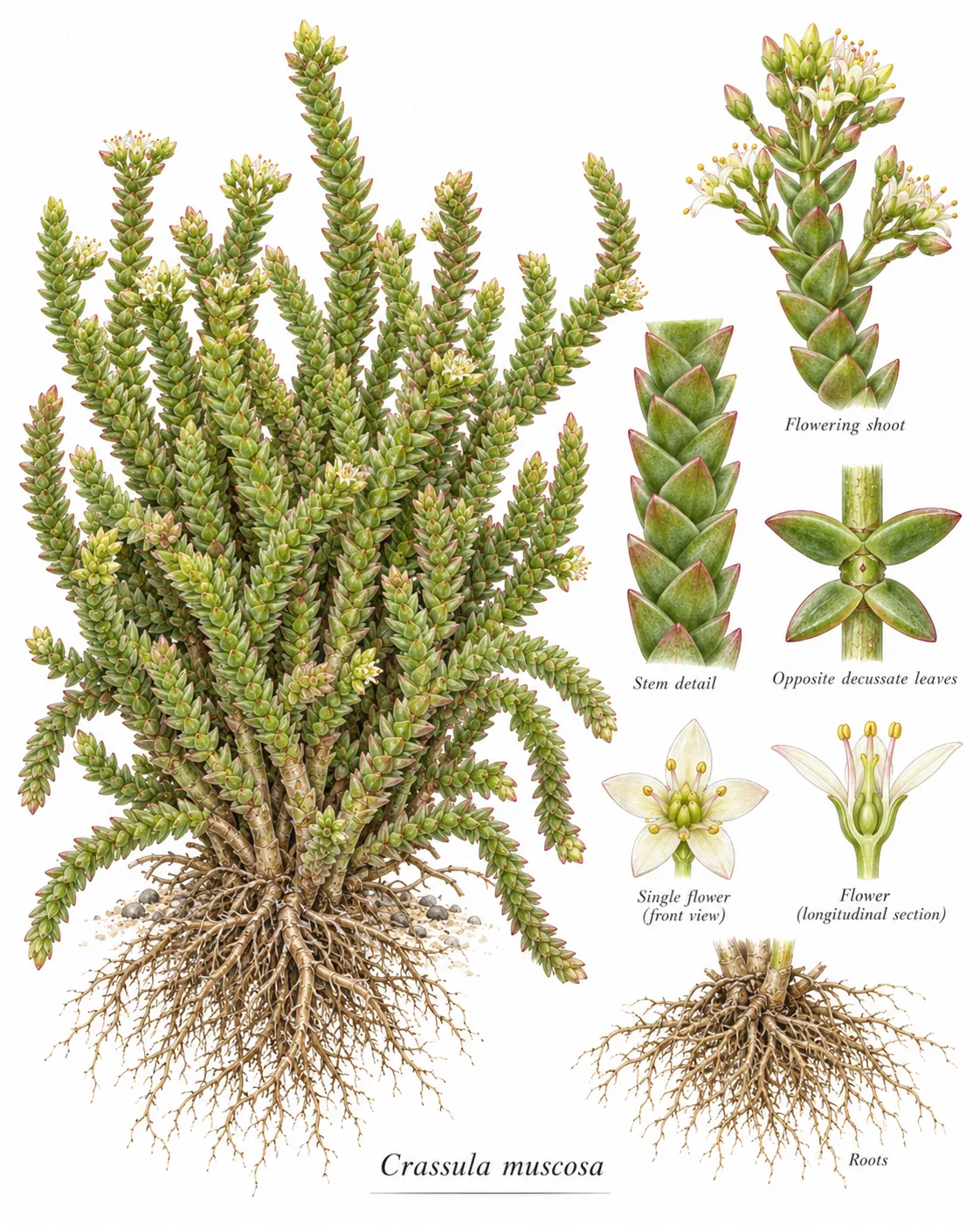 AI-generated illustrative depiction labelled Crassula muscosa.