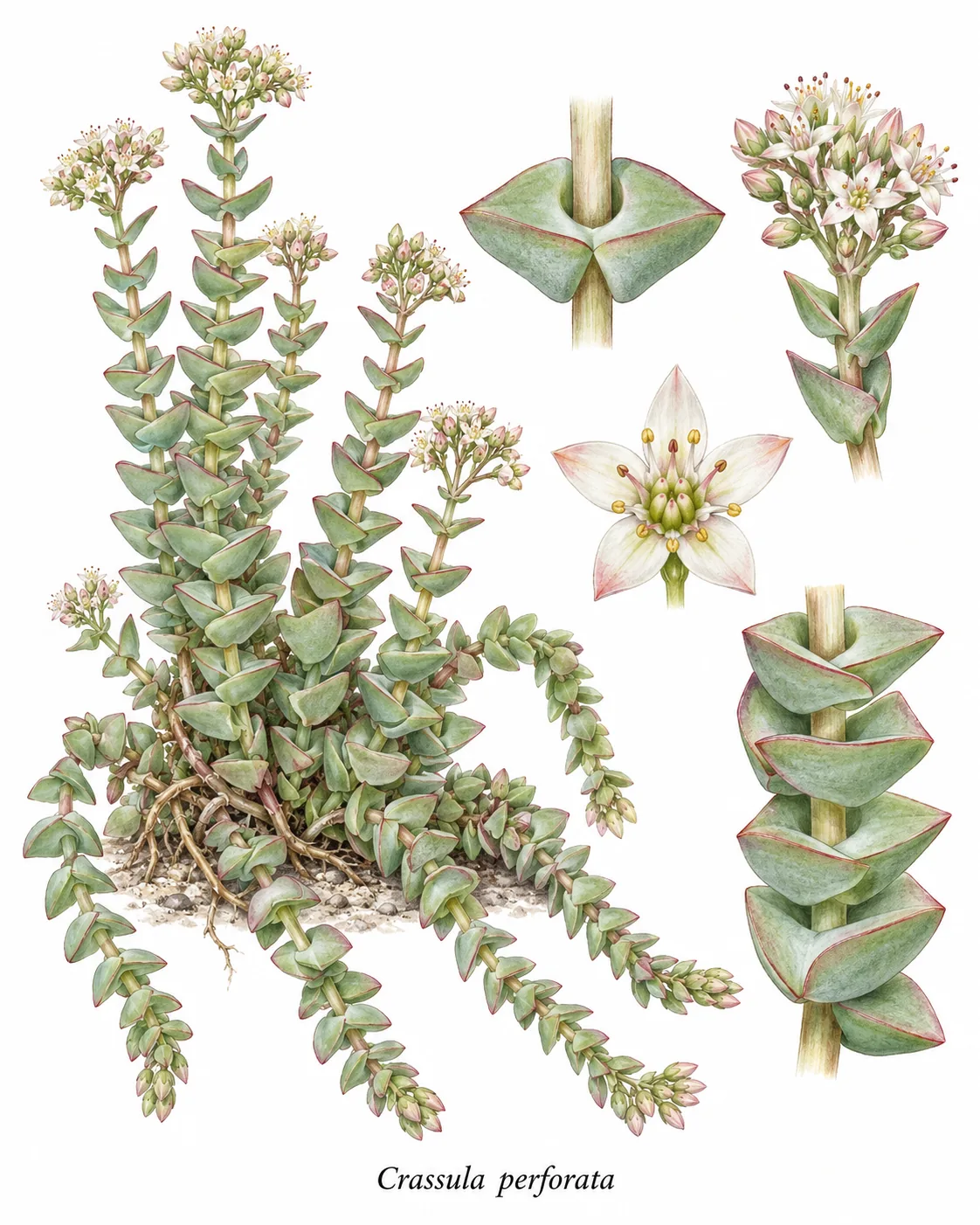AI-generated illustrative depiction labelled Crassula perforata.