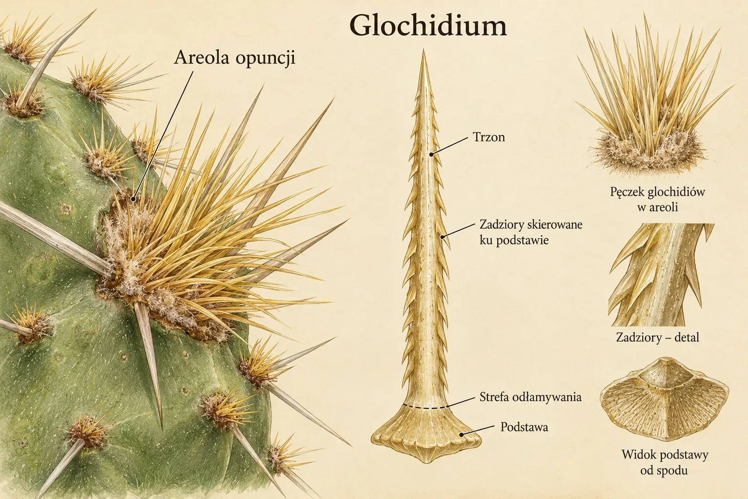 An Opuntia areole, an enlarged glochid shaft, barbs pointing towards the base and the breakage point near the base.