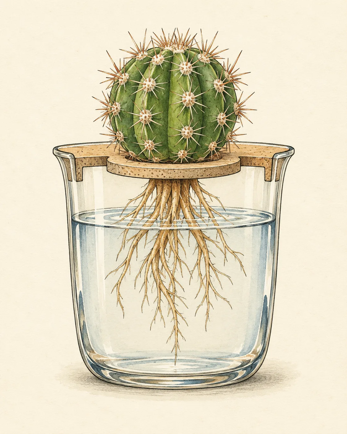 A stem supported above a nutrient solution, with some roots in the liquid. A transparent vessel allows the arrangement to be shown.