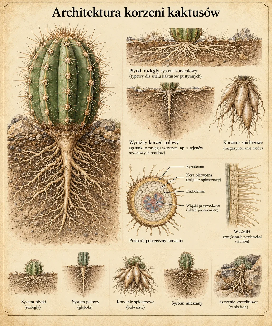 A view of roots beneath a stem, shallow and taproot systems, storage roots, a schematic root section and root hairs.