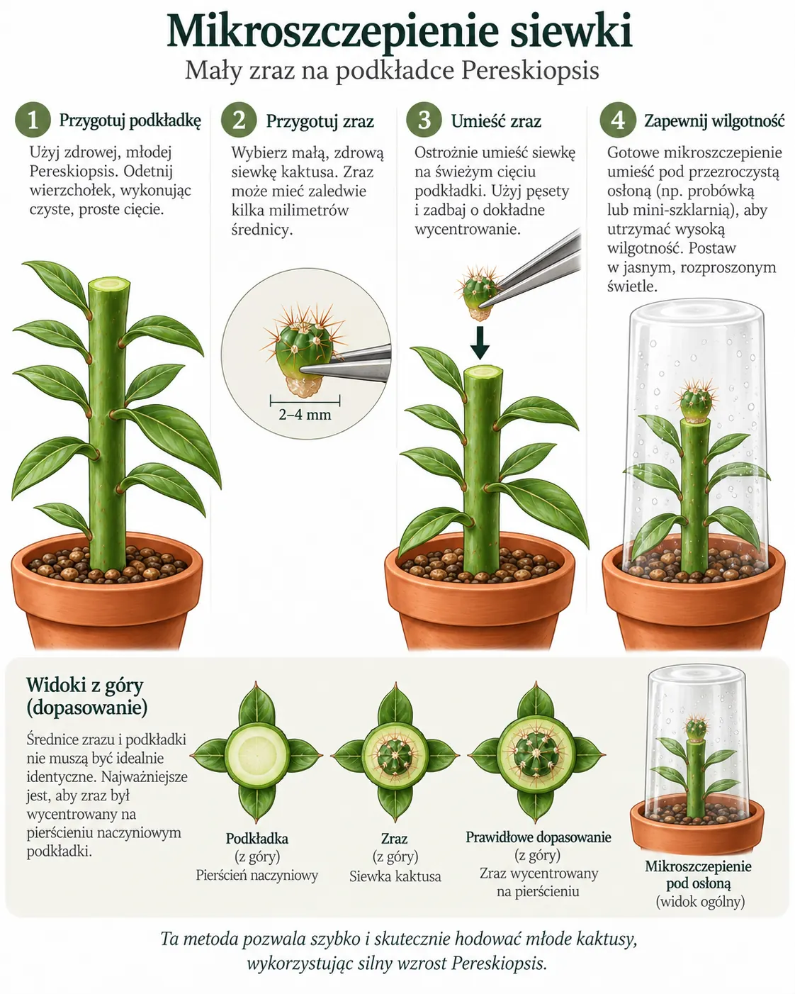 A small seedling fragment is joined to a fresh cut on an active Pereskiopsis rootstock. A transparent cover may reduce drying of the small scion.