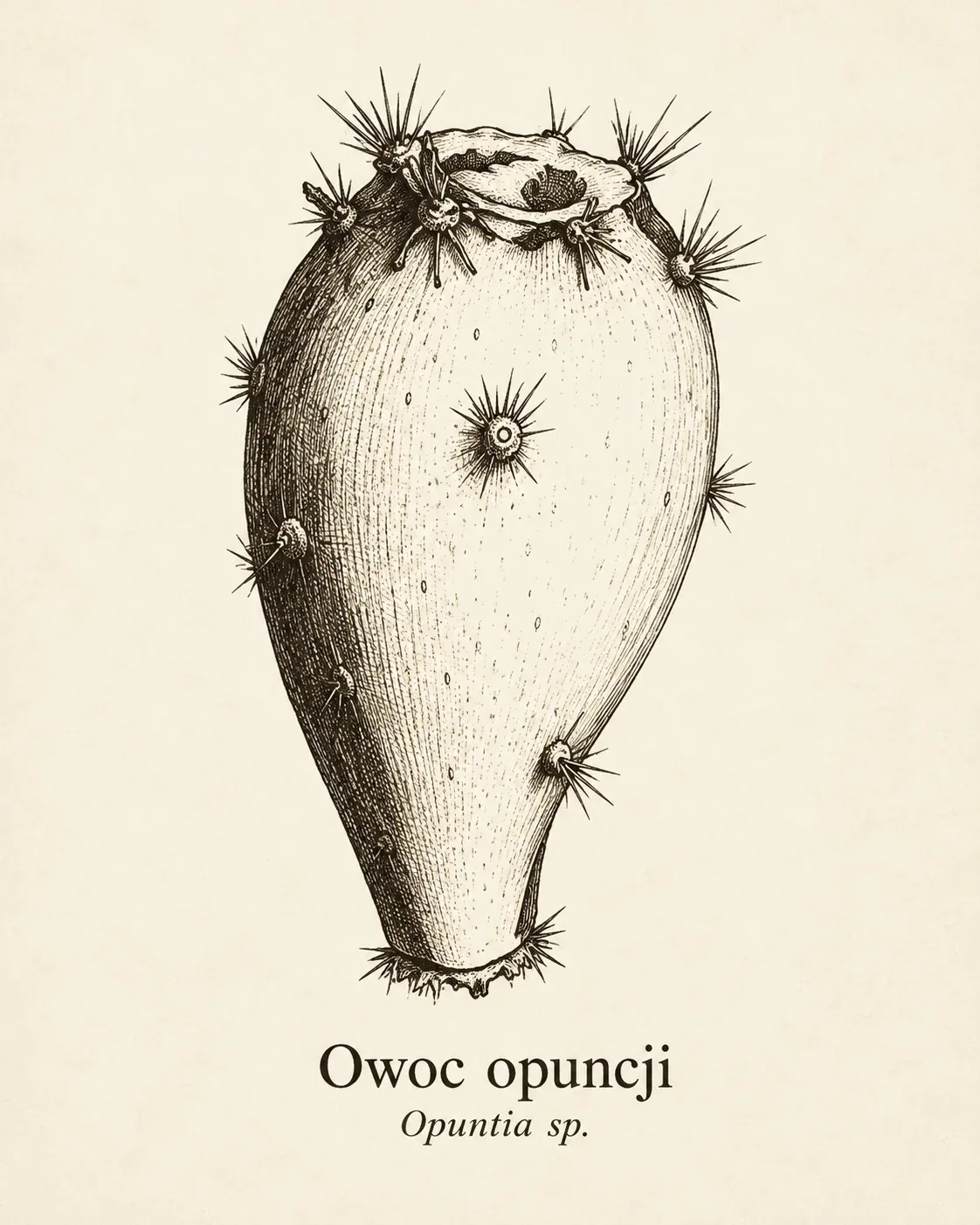 Drawing of an oval Opuntia fruit with areoles and spines on its surface.