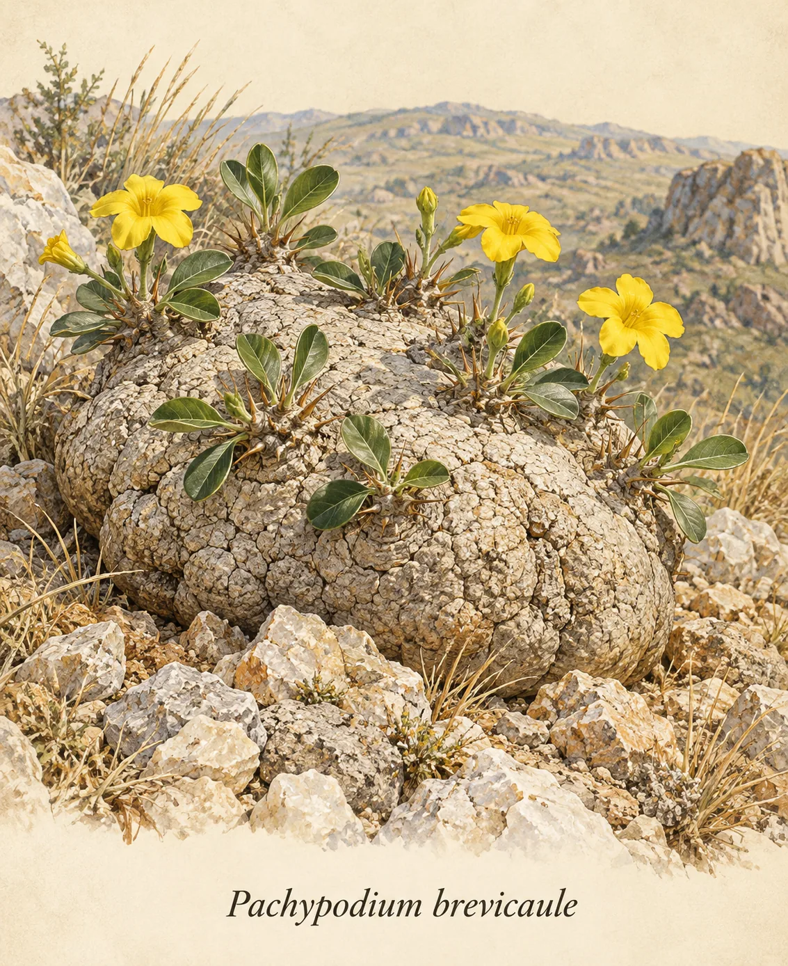 Illustrative depiction of Pachypodium brevicaule with a broad low stem, small leaf clusters and yellow flowers.