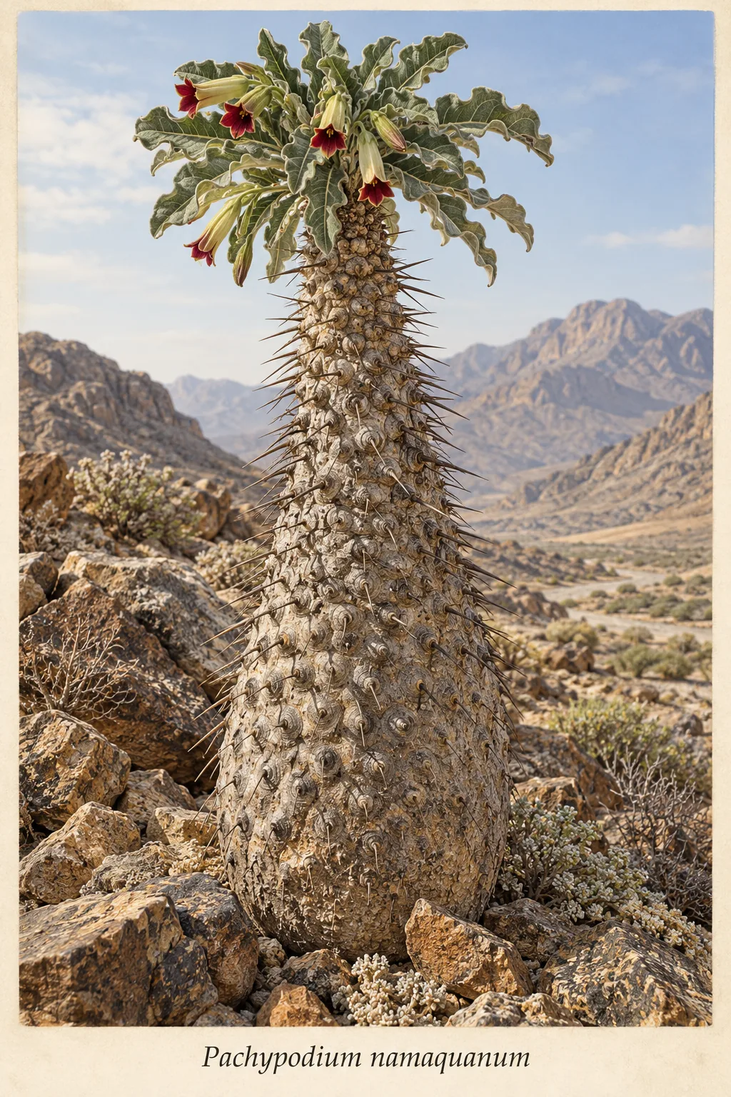 Illustrative depiction of Pachypodium namaquanum with a thick spiny stem and leaves clustered near its apex.