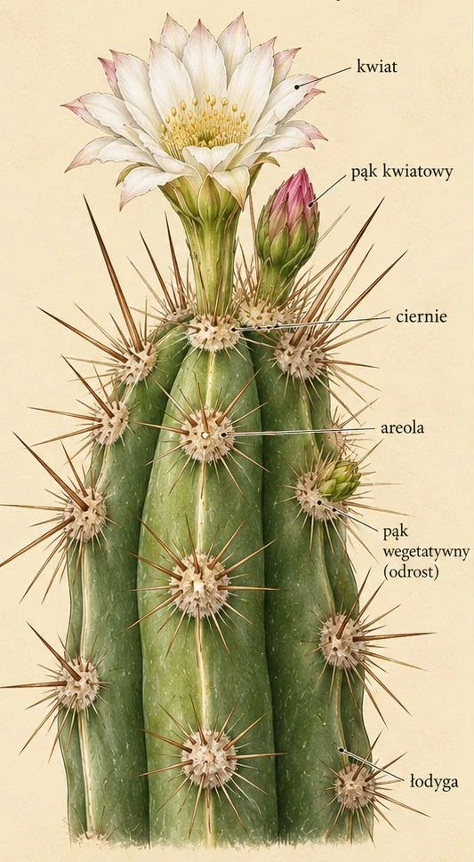A ribbed stem with a white flower, a closed flower bud, areoles and spines. The lateral green primordium is labelled a vegetative bud, meaning a future offset.