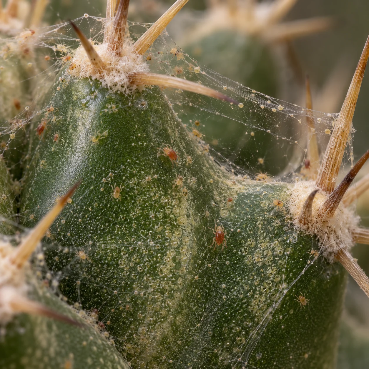 Illustration of small mites, pale spherical eggs and webbing stretched between spines.