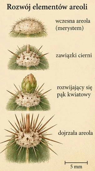 Cztery rysunki areoli z podpisami dotyczącymi merystemu, zawiązków cierni, pąka kwiatowego i dojrzałych cierni. Na dole podziałka opisana jako 5 mm.