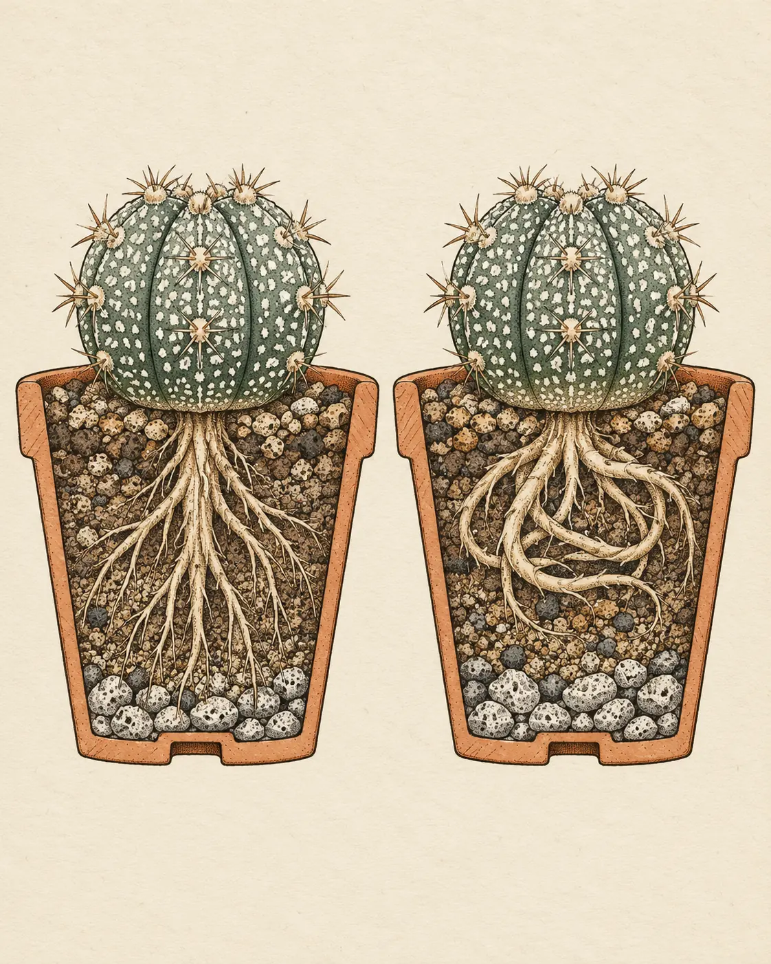 On the left, the roots fit without bending back. On the right, they are crowded in an unsuitable container.