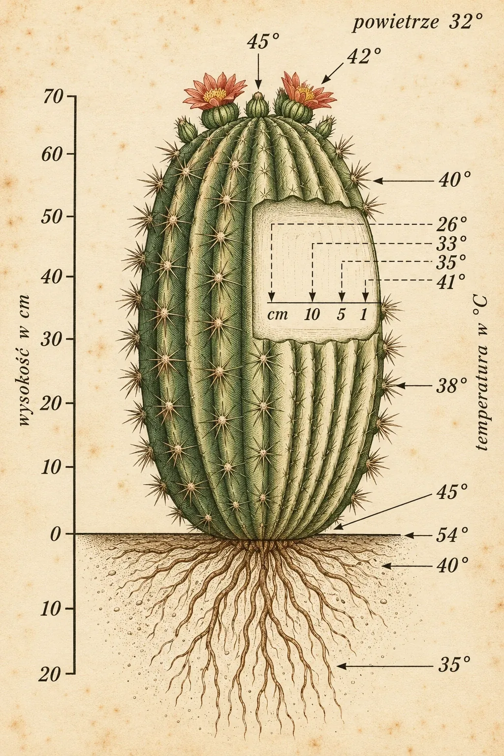 A stylised columnar cactus with temperatures marked at the apex, on the surface and in the substrate, and a height scale.