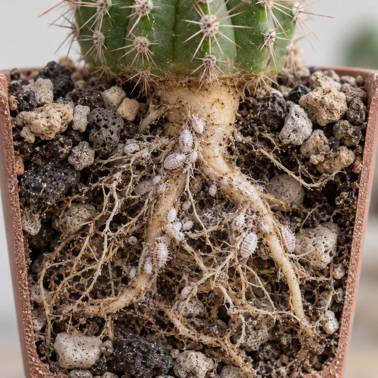 Illustration of an exposed cactus root ball with whitish insects and wax secretion.