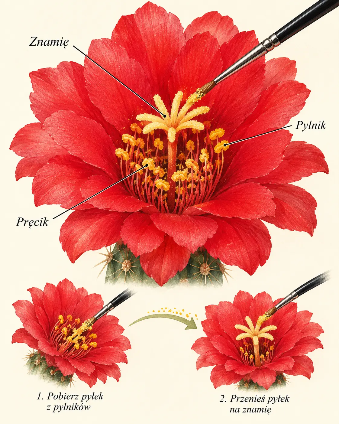 A brush transfers pollen from the anther to the stigma. Further development requires pollen germination and compatibility between partners.
